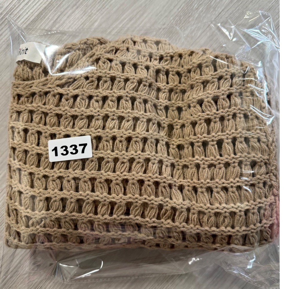 iKnit Women Tan Crochet Knit Cropped Sweater Striped Sleeve Boho Top 3869 NEW - Picture 9 of 9